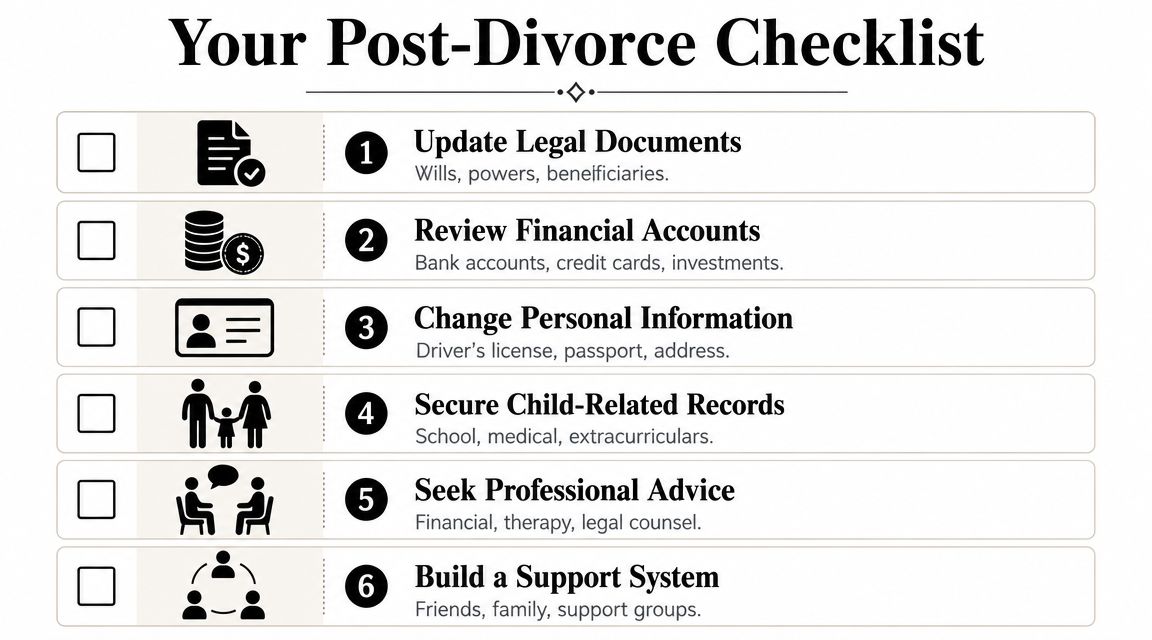 Post-divorce checklist with legal documents, calculator, and pen
